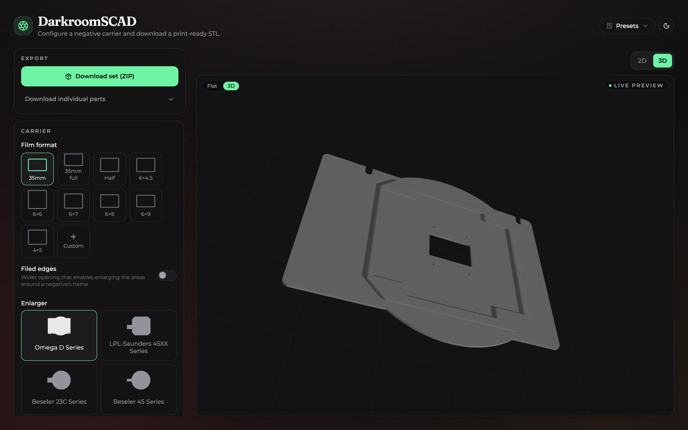 DarkroomSCAD 3D STL preview of a negative carrier