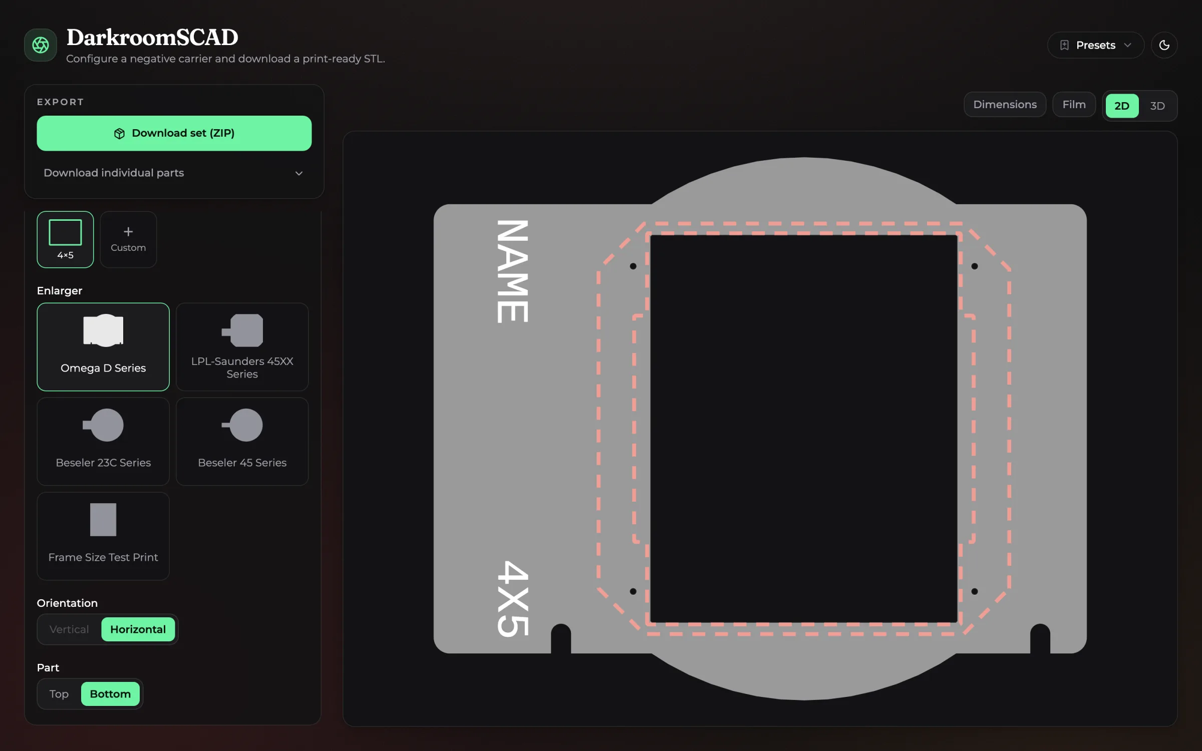 DarkroomSCAD customizer configured for 4×5 large-format film