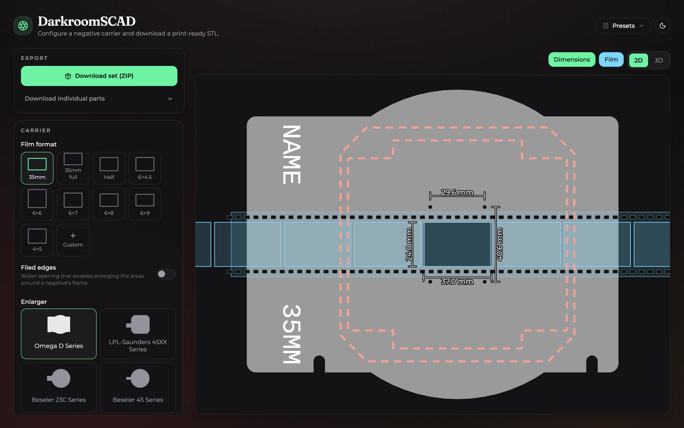 DarkroomSCAD 2D preview with dimension callouts and a 35mm film strip overlay