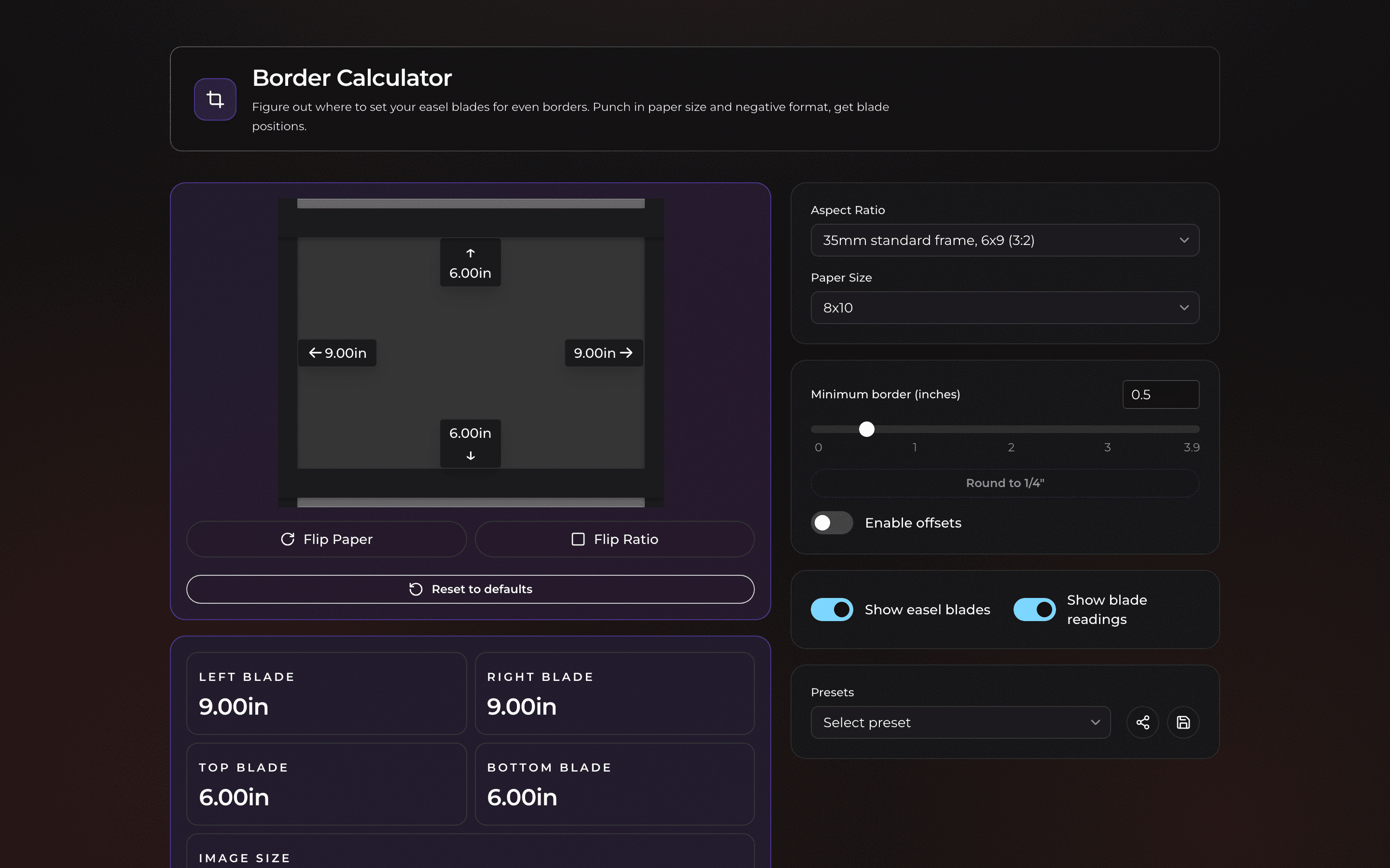 Dorkroom border calculator