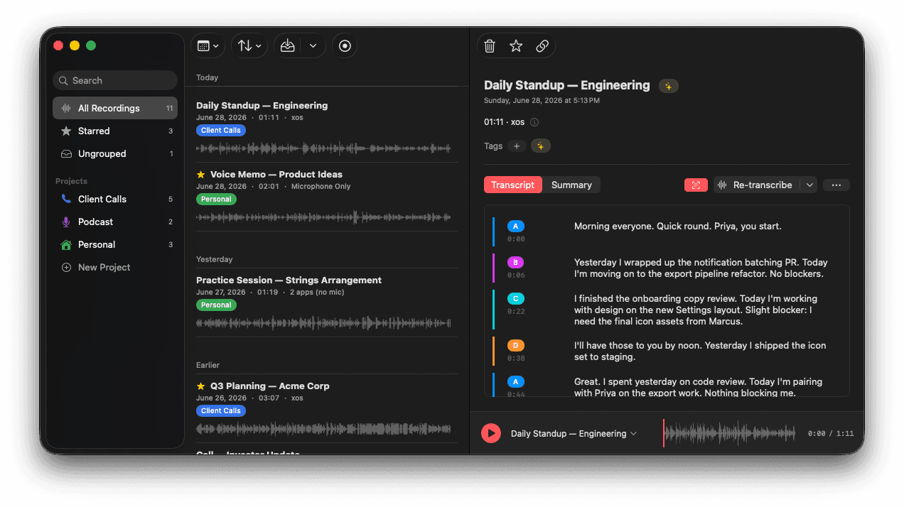 Stenobar's recording library beside a transcript with per-speaker labels