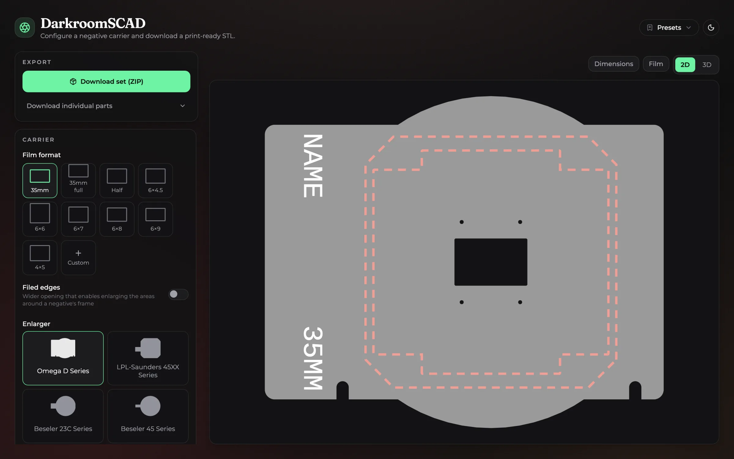 DarkroomSCAD web customizer showing a 35mm negative carrier in the 2D preview