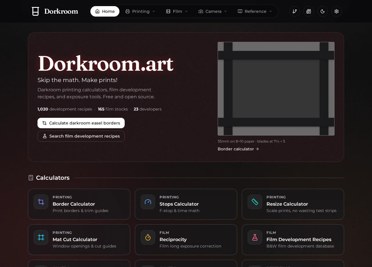 Dorkroom web app homepage