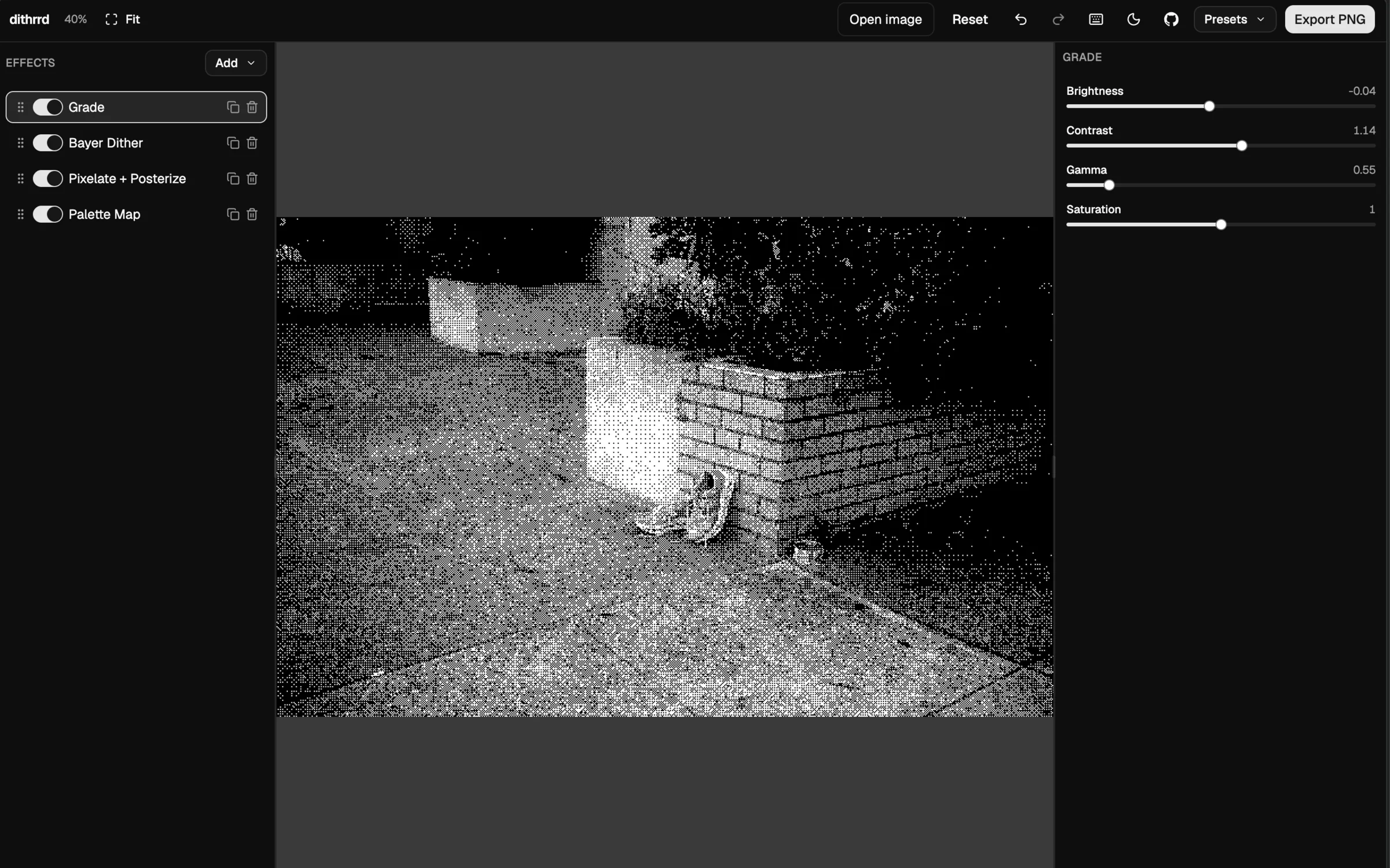 The dithrrd editor showing a Bayer-dithered photograph, with the effect stack on the left and Grade controls on the right
